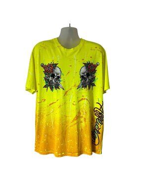 Black Label Affliction Shirt Yellow Skull Rhinestones Mens 2XL EUC